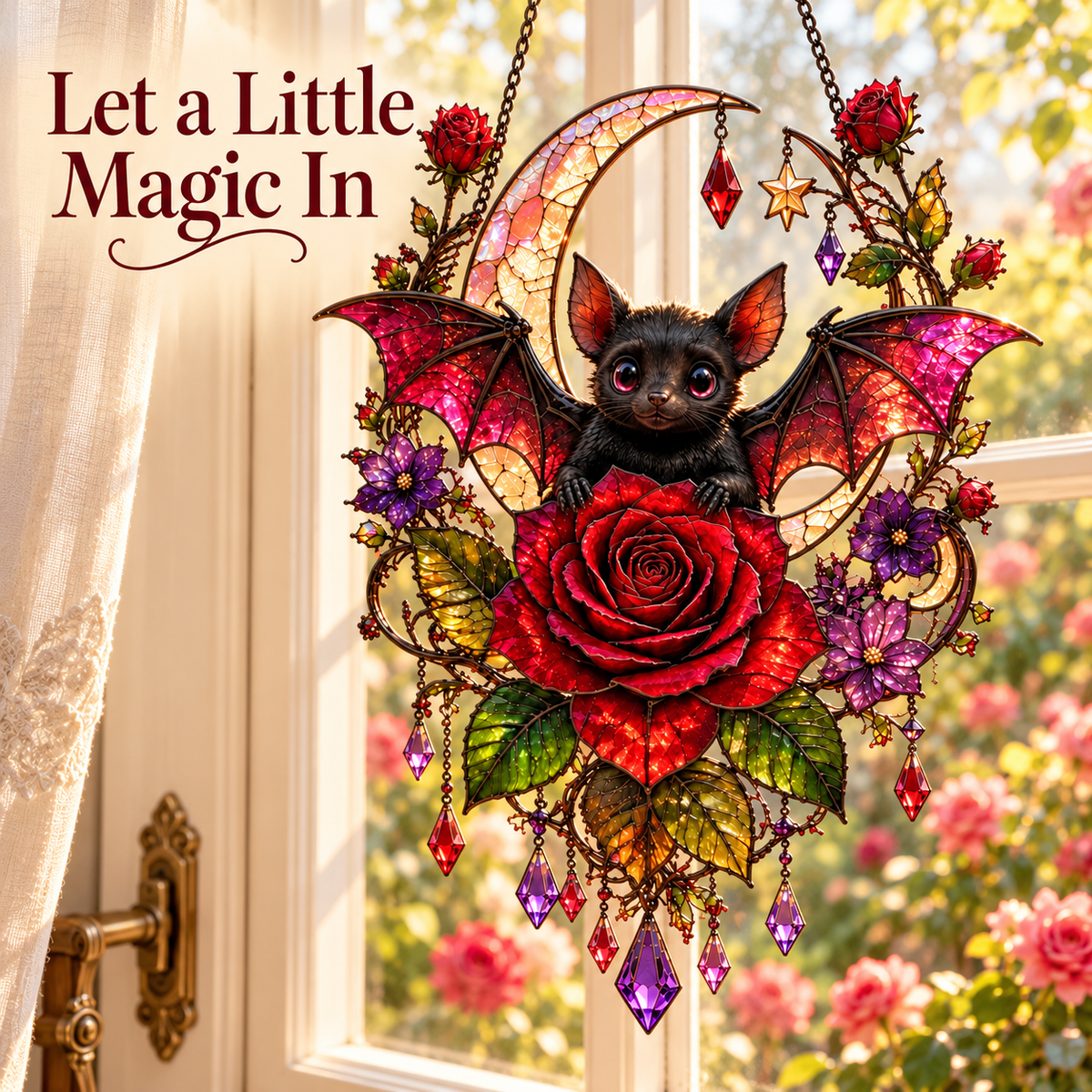 🦇 Midnight Romance – Bat, Crescent Moon & Rose Hanging Decor