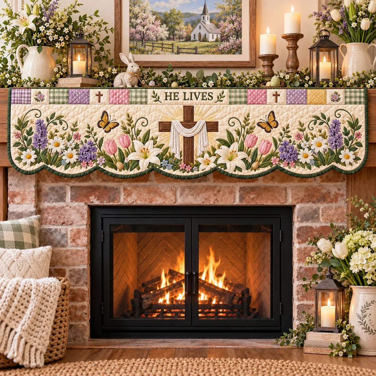 ⏳ Last Day 50% OFF – ✝️ Easter Faith Quilted Mantel Scarf | Patchwork Christian Fireplace Décor for Spring & Easter 🌷