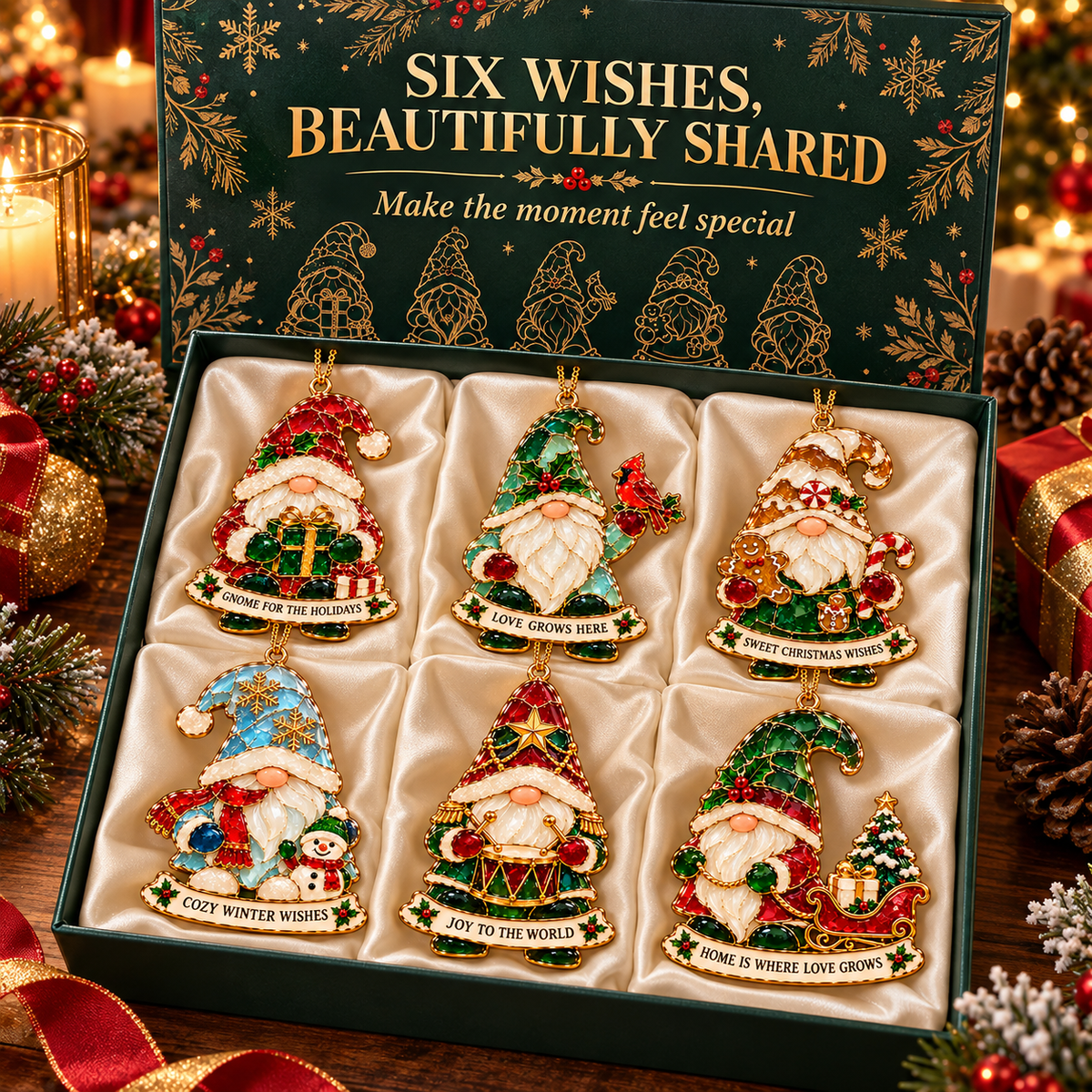 Gnome for the Holidays – 6-Piece Stained Glass–Style Christmas Ornament Set with Heartwarming Wishes