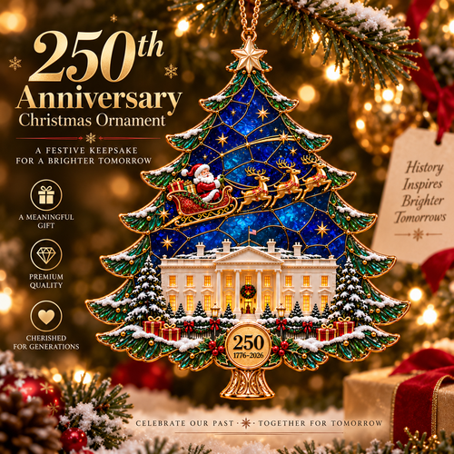 2026 250th Anniversary Stained Glass Christmas Tree Ornament – Santa Sleigh & White House Commemorative Holiday Keepsake, 1776–2026
