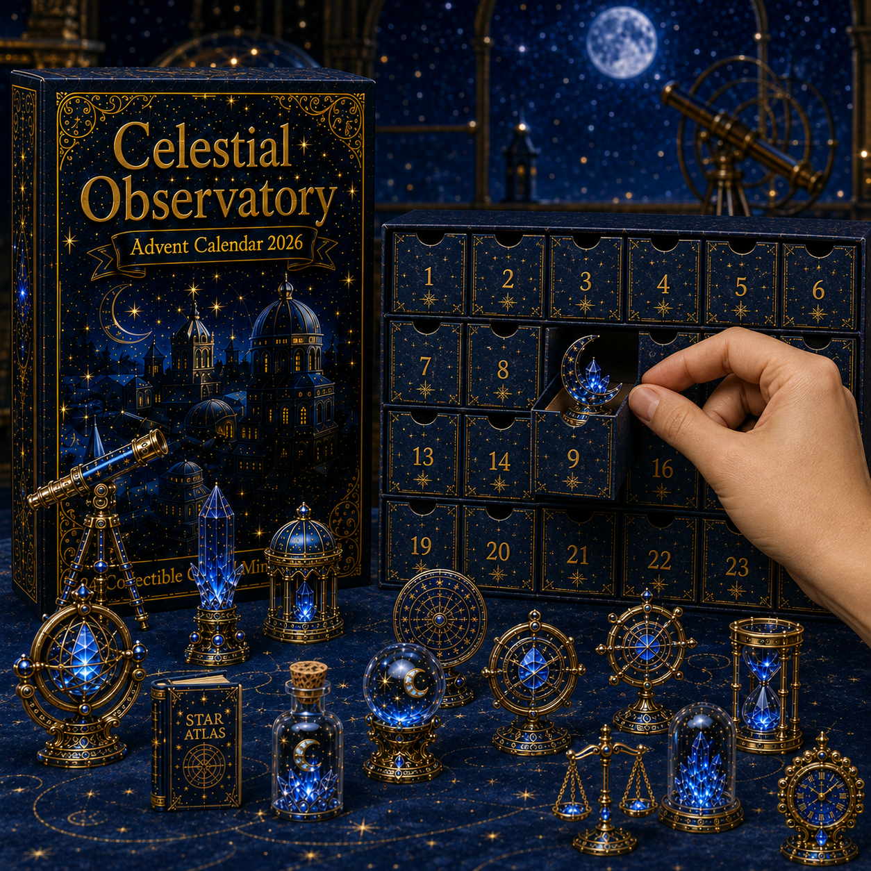 Celestial Observatory Advent Calendar 2026 – 24-Day Crystal Astronomy Miniature Collection | Moon, Stars & Cosmic Treasures