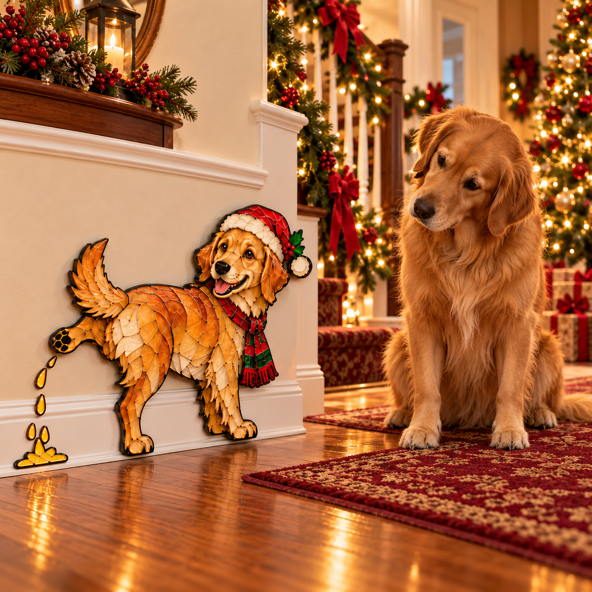 Funny Peeing Golden Retriever Christmas Decoration – Stained Glass-Style Dog Yard Art & Baseboard Decor