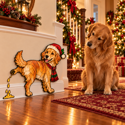 Funny Peeing Golden Retriever Christmas Decoration – Stained Glass-Style Dog Yard Art & Baseboard Decor