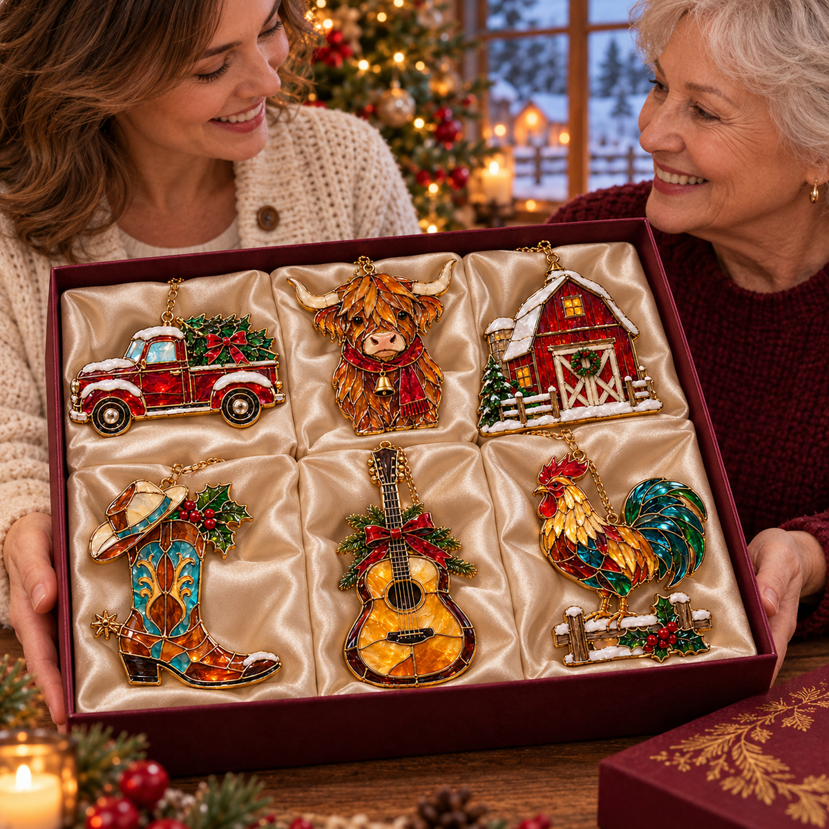 Country Christmas Charm – 6-Piece Vintage Stained Glass–Style Ornament Set