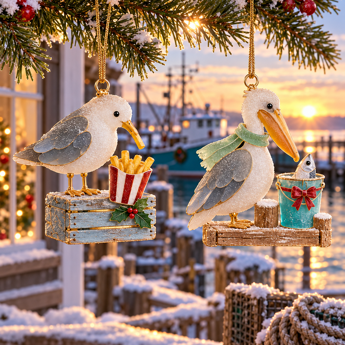 🌊 2026 Coastal Christmas Seabird Ornaments – Set of 6 Festive Seagull & Pelican Keepsakes