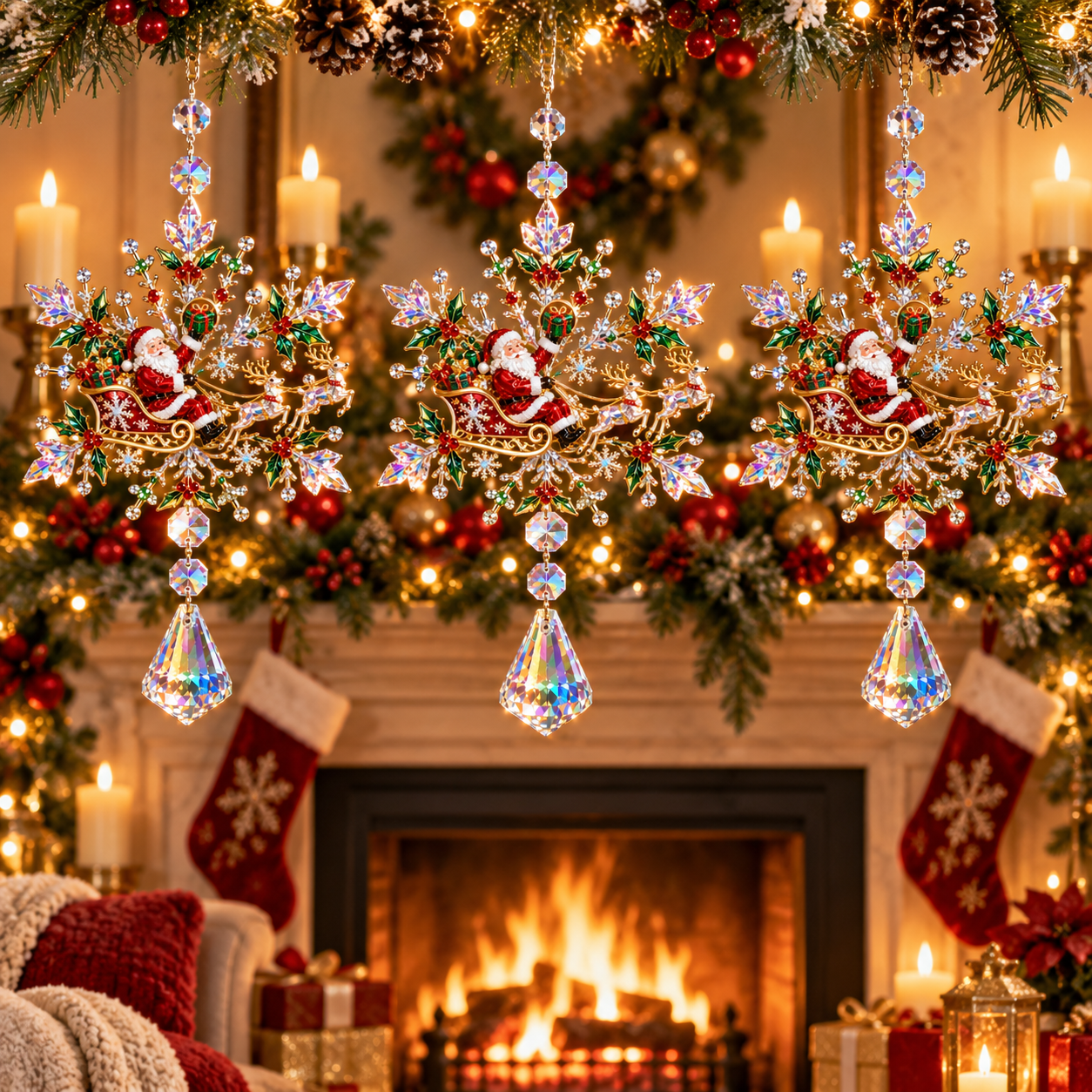 2026 Santa Sleigh Crystal Snowflake Ornament – Sparkling Reindeer & Holly Christmas Suncatcher, Elegant Holiday Tree Decoration & Keepsake Gift