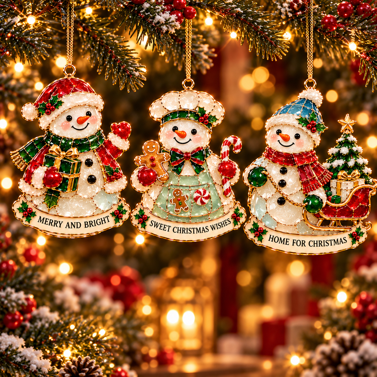 Christmas Snowman Ornament Collection – 6 Charming Stained Glass–Style Designs with Heartwarming Wishes