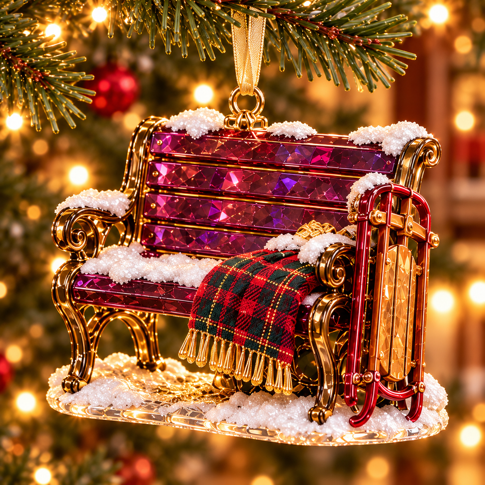 Cozy Bench and Sled vintage Christmas ornament