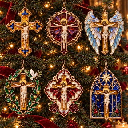 2026 Sacred Light — Vintage Stained Glass–Style Crucifix Christmas Ornaments | Set of 6