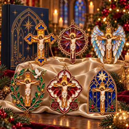 2026 Sacred Light — Vintage Stained Glass–Style Crucifix Christmas Ornaments | Set of 6