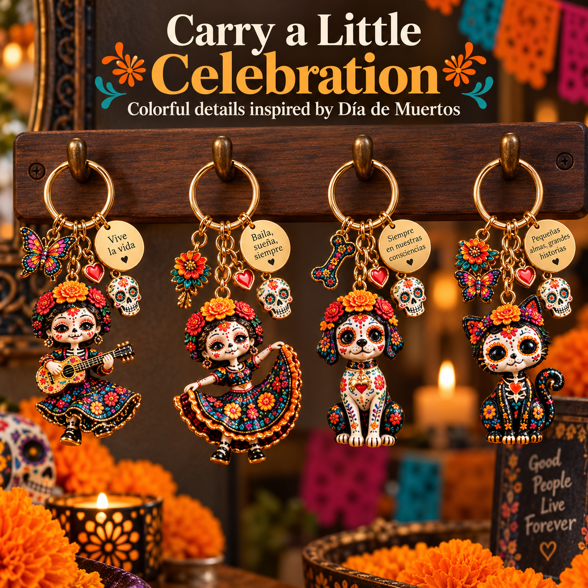 2026 Día de Muertos Keepsake Keychains – 4 Colorful Designs with Remembrance Cards