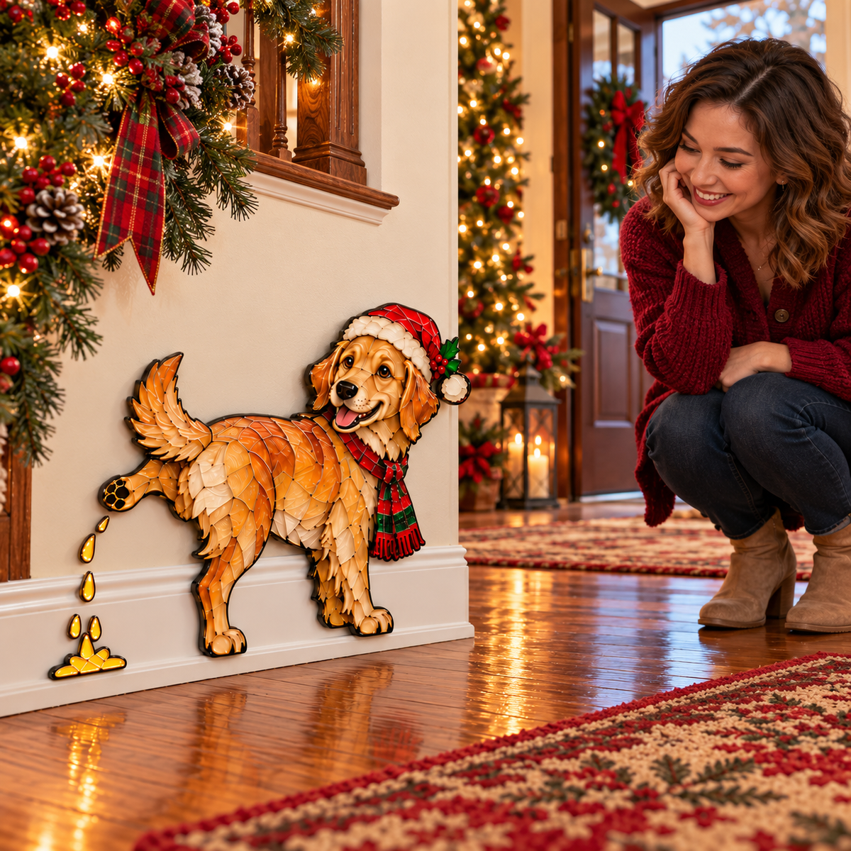 Funny Peeing Golden Retriever Christmas Decoration – Stained Glass-Style Dog Yard Art & Baseboard Decor