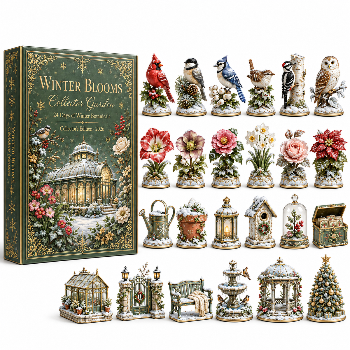 2026 Winter Blooms Collector Garden 24-Day Countdown Calendar – 24 Unique Winter Birds, Flowers & Garden Miniatures, Elegant Botanical Christmas Gift