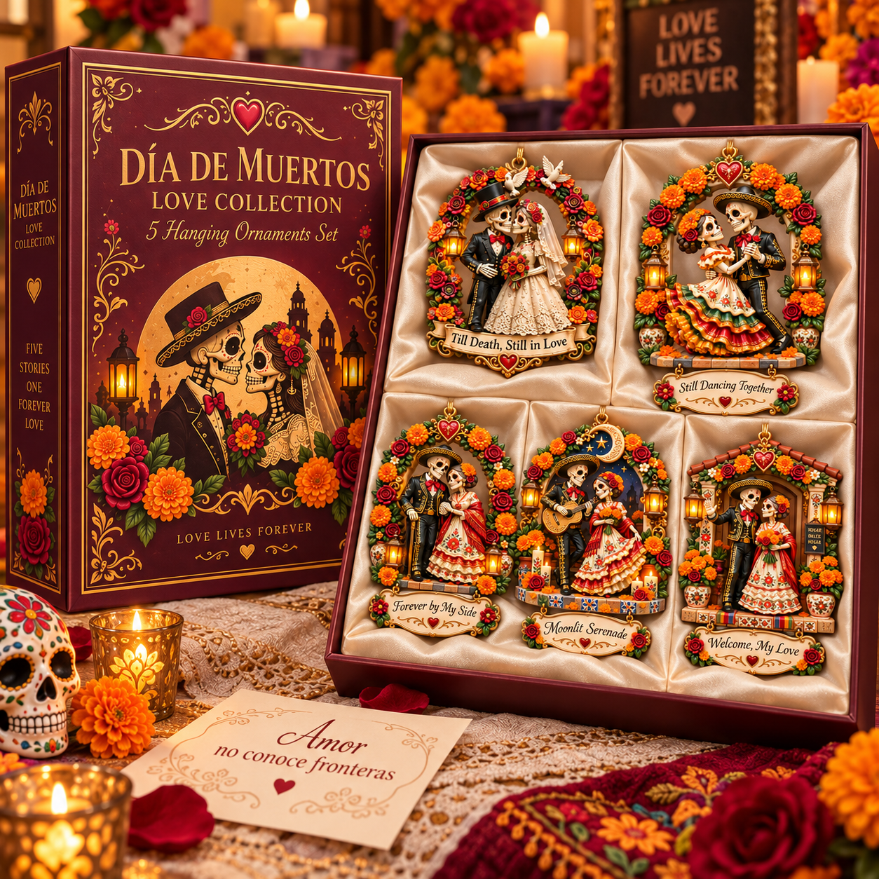 Día de Muertos Love Ornament -  Skeleton Couple Hanging Keepsake Collection, Romantic Day of the Dead Gift for Couples & Loved Ones