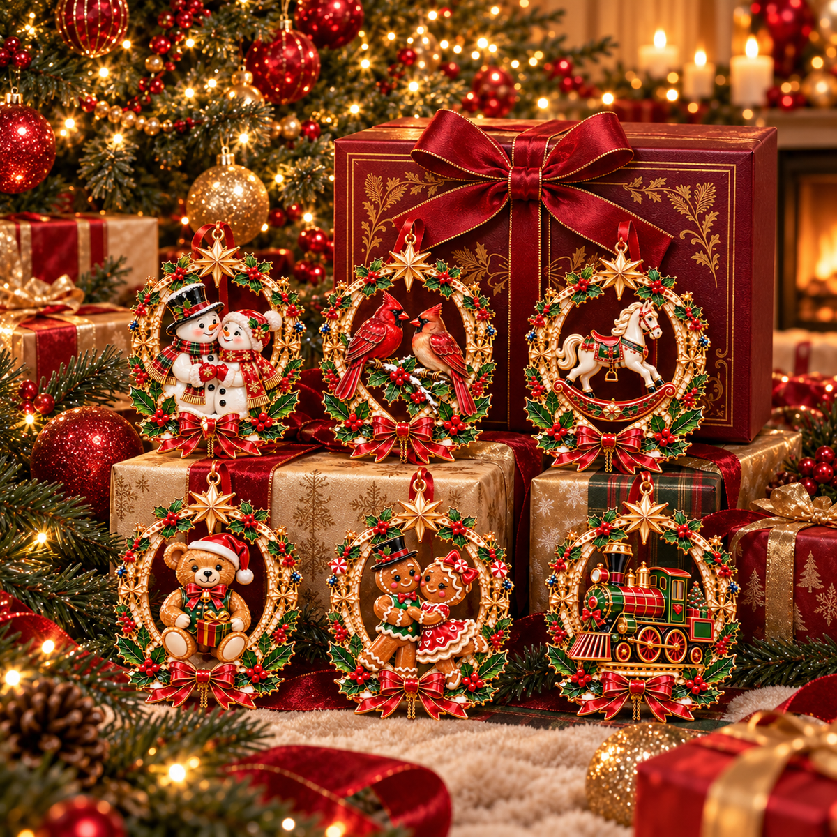 Vintage Christmas Storybook Wreath Ornaments – 6-Piece Festive Keepsake Collection | Christmas Tree Decorations & Heartwarming Holiday Gifts