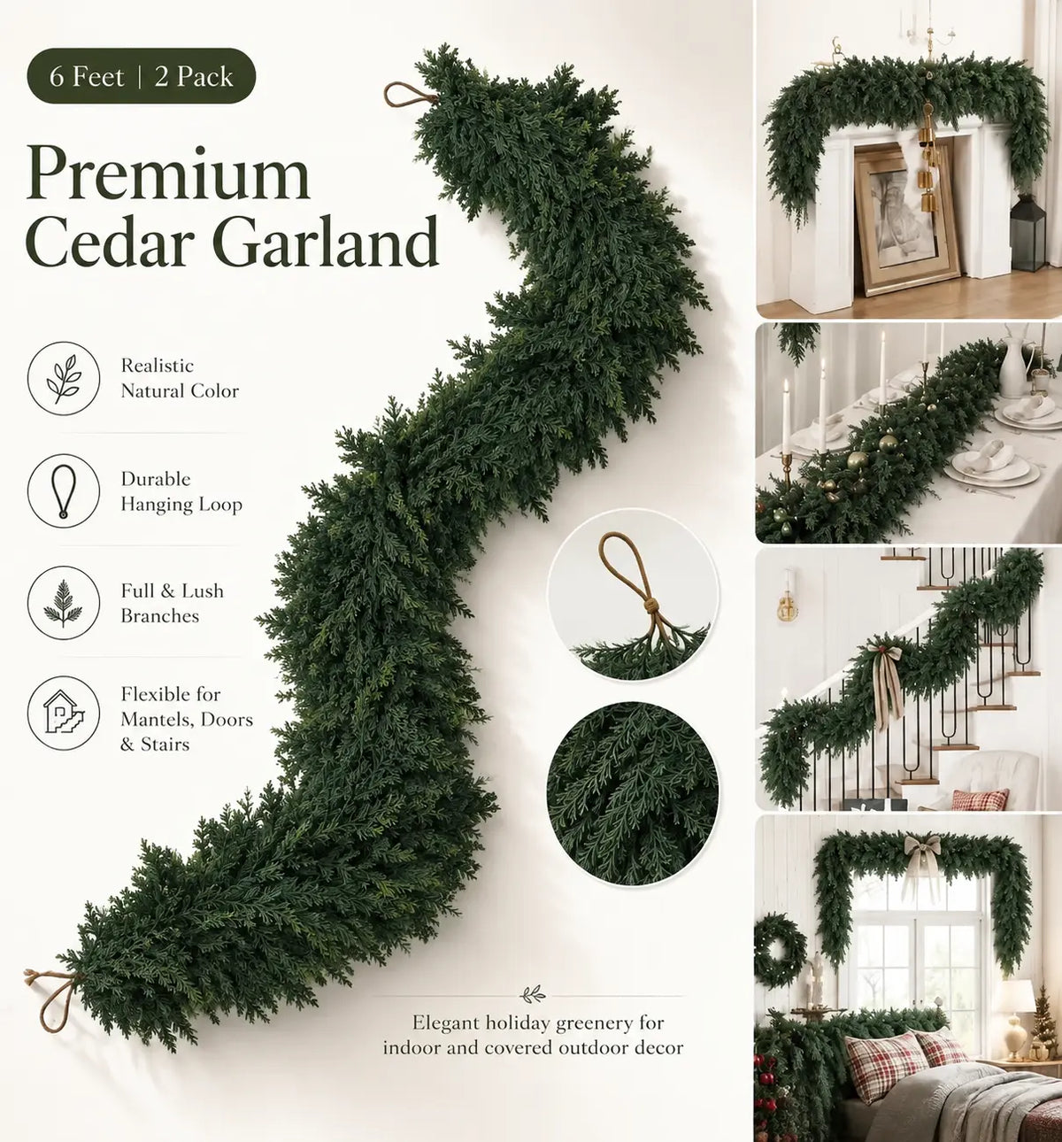 6 FT 2 Pcs Artificial Cedar Garlands, Real Touch Winter Cedar Garland🌲 - image 2
