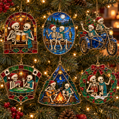 Friends for Eternity – Vintage Stained Glass Style Skeleton Christmas Ornaments, Set of 6
