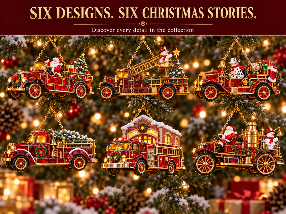 Six Vintage Fire Truck Christmas Ornament Designs