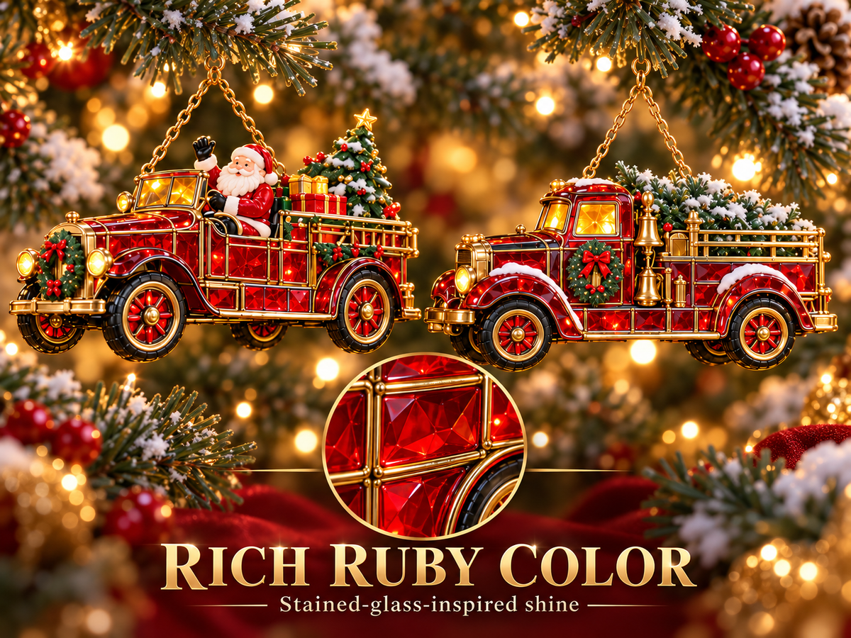 Ruby Red Stained Glass Style Fire Truck Christmas Ornaments