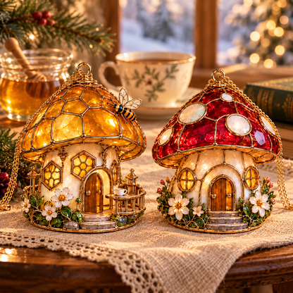 ✨ 2026 Enchanted Stained Glass Mushroom House Christmas Ornaments – Set of 6 | Fairy Cottage, Magical Forest, Moonlight Mushroom & Butterfly House Hanging Decorations | Whimsical Christmas Tree Ornaments & Fairy Garden Gifts