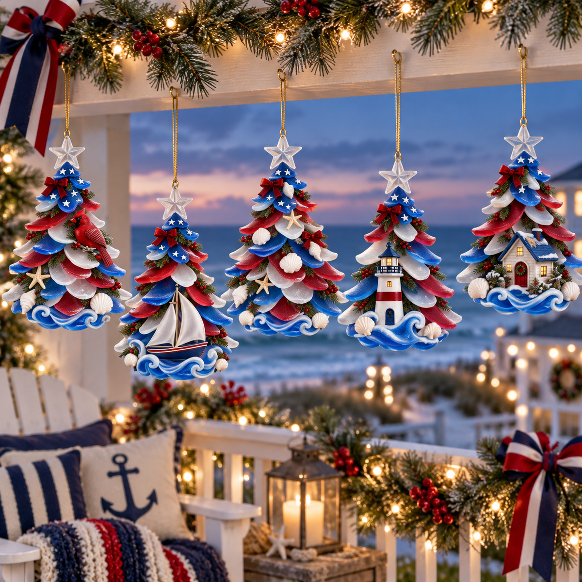 2026 Patriotic Coastal Christmas Tree Ornaments – Seaside Keepsake Designs in Red, White &amp; Blue