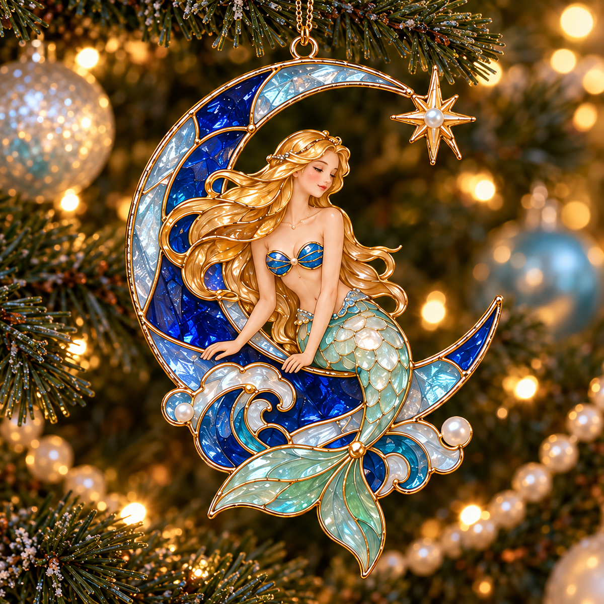 Ocean Enchantment – Vintage Stained-Glass Style Mermaid Christmas Ornaments, Set of 6