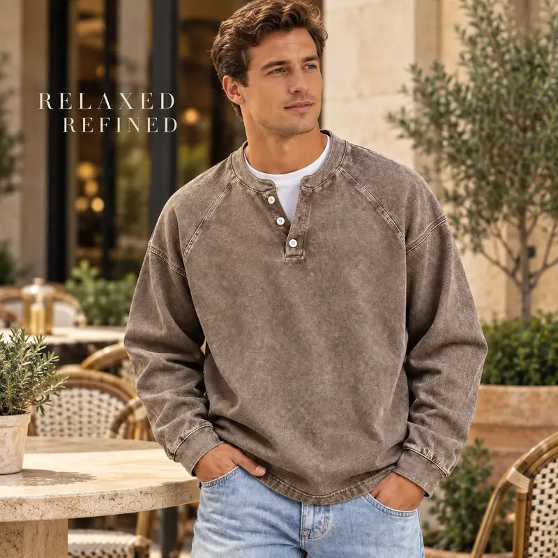 Men's Vintage Washed 3-Button Henley Long Sleeve Plain Pullover 🧥