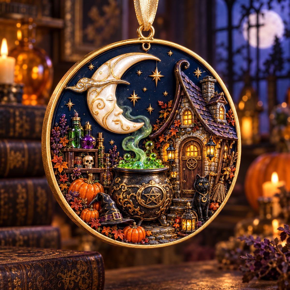 2026 Moonlit Halloween Village Hanging Ornaments – 9 Enchanting Designs with Witches, Ghosts & Pumpkin Magic