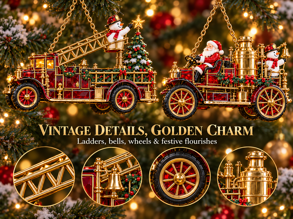 Golden Details Vintage Fire Truck Christmas Ornaments