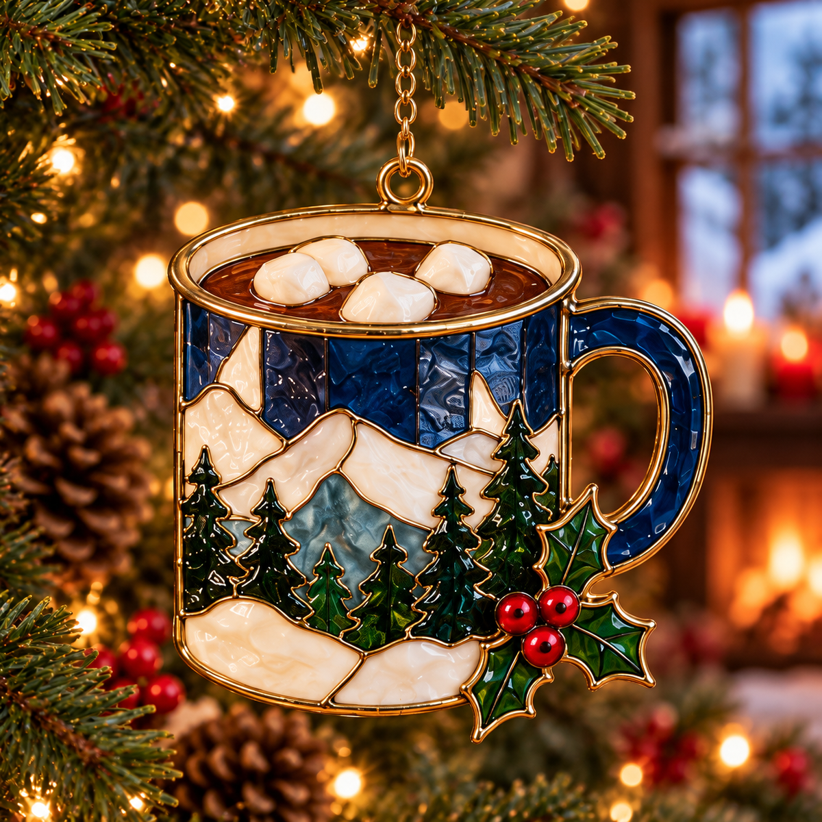 Cozy Christmas Camping — Vintage Stained Glass Style Ornaments, Set of 6