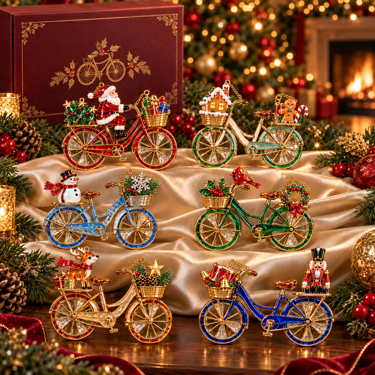 🎄 2026 Vintage Stained Glass Christmas Bicycle Ornaments – Set of 6