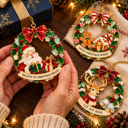 Christmas Wishes Wreath Ornaments – 6 Festive Designs in Stained Glass Style