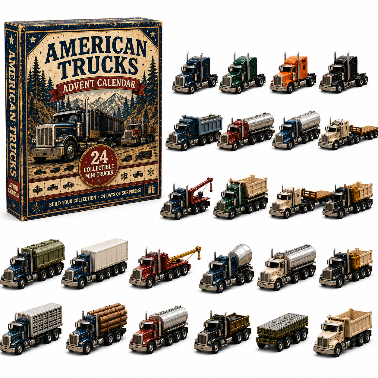 American Trucks Advent Calendar 2026 – 24 Days of Collectible Mini Truck Surprises, Acrylic Charms Blind Box