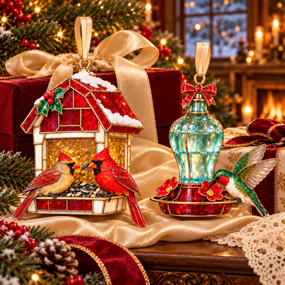 Vintage Bird Feeder Christmas Ornaments – 6-Piece Stained Glass-Style Backyard Birds Collection