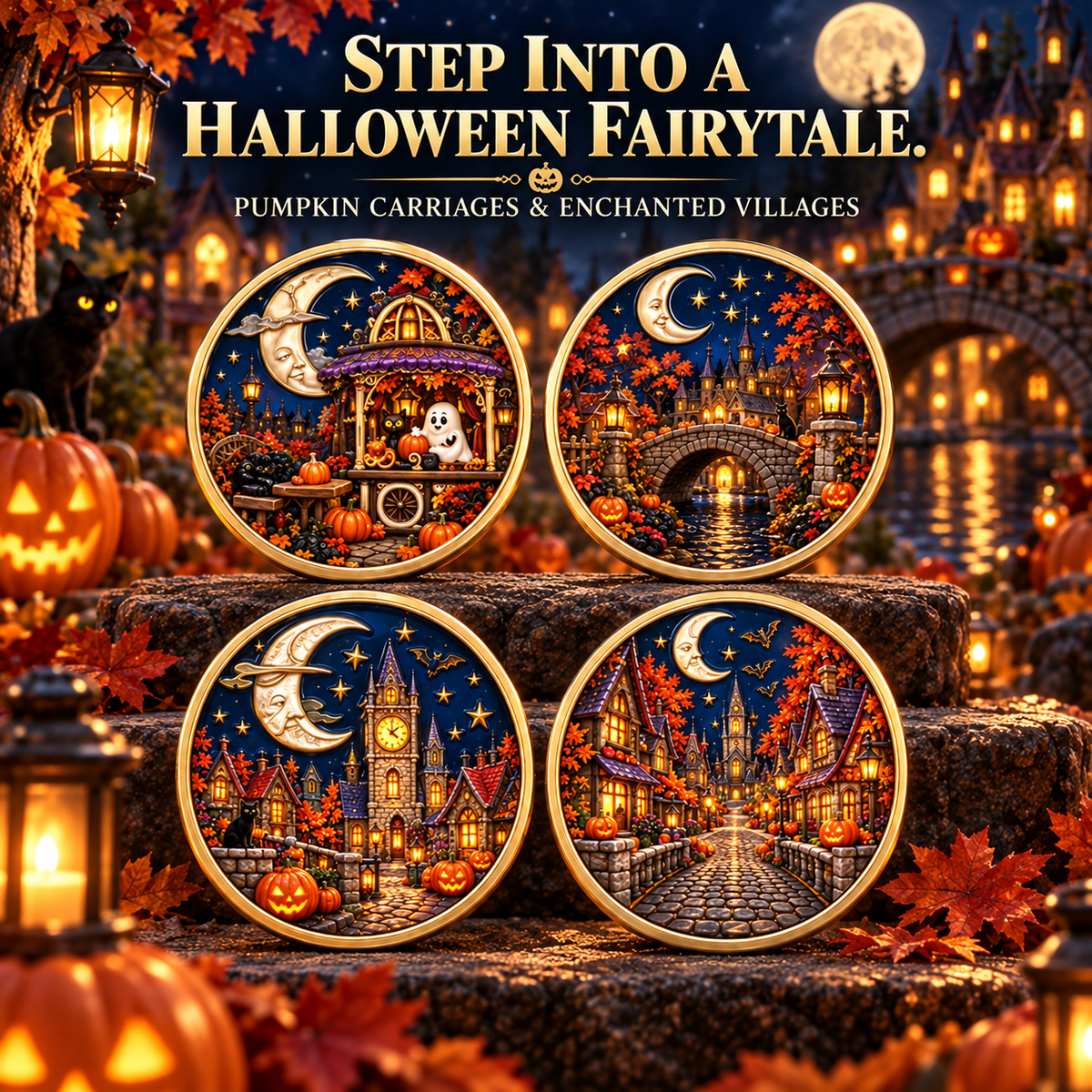 2026 Enchanted Halloween Collectible Coins – 8 Double-Sided Designs with Witches, Ghosts & Moonlit Villages