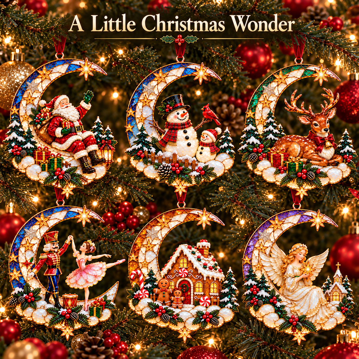 🌙 Moonlit Christmas – 6-Piece Storybook Crescent Moon Ornament Set