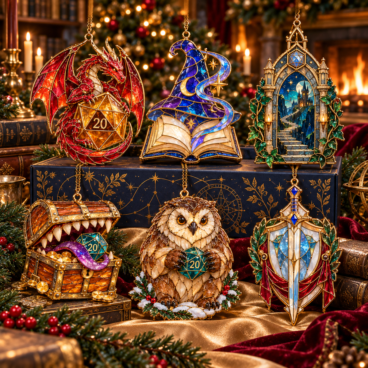 Enchanted Realms – 6-Piece Vintage Stained Glass-Style Fantasy Christmas Ornament Set