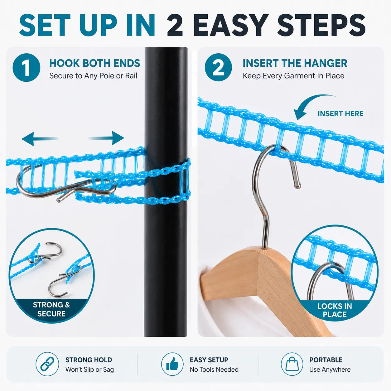 3 Roll Portable Clothesline – 196.85 Inch Adjustable Laundry Line, Windproof & Non-Slip⛺ - image 5