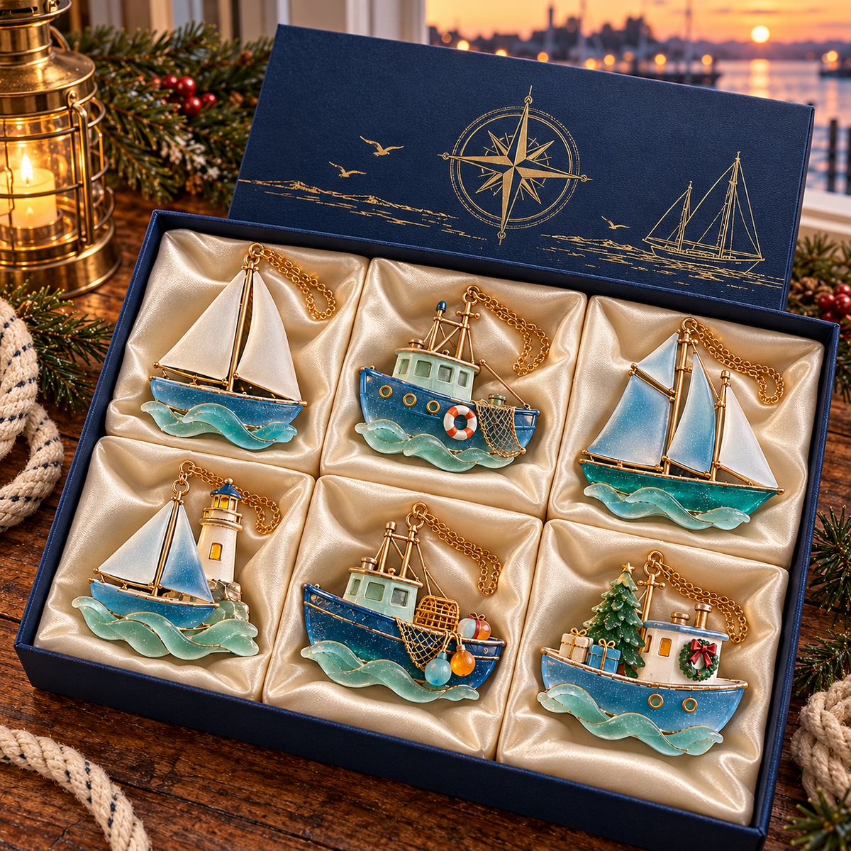 🌊 2026 Coastal Christmas Boat Ornaments – Set of 6 Nautical Holiday Keepsakes
