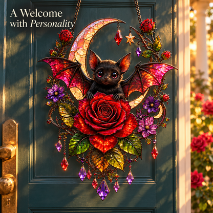 🦇 Midnight Romance – Bat, Crescent Moon & Rose Hanging Decor