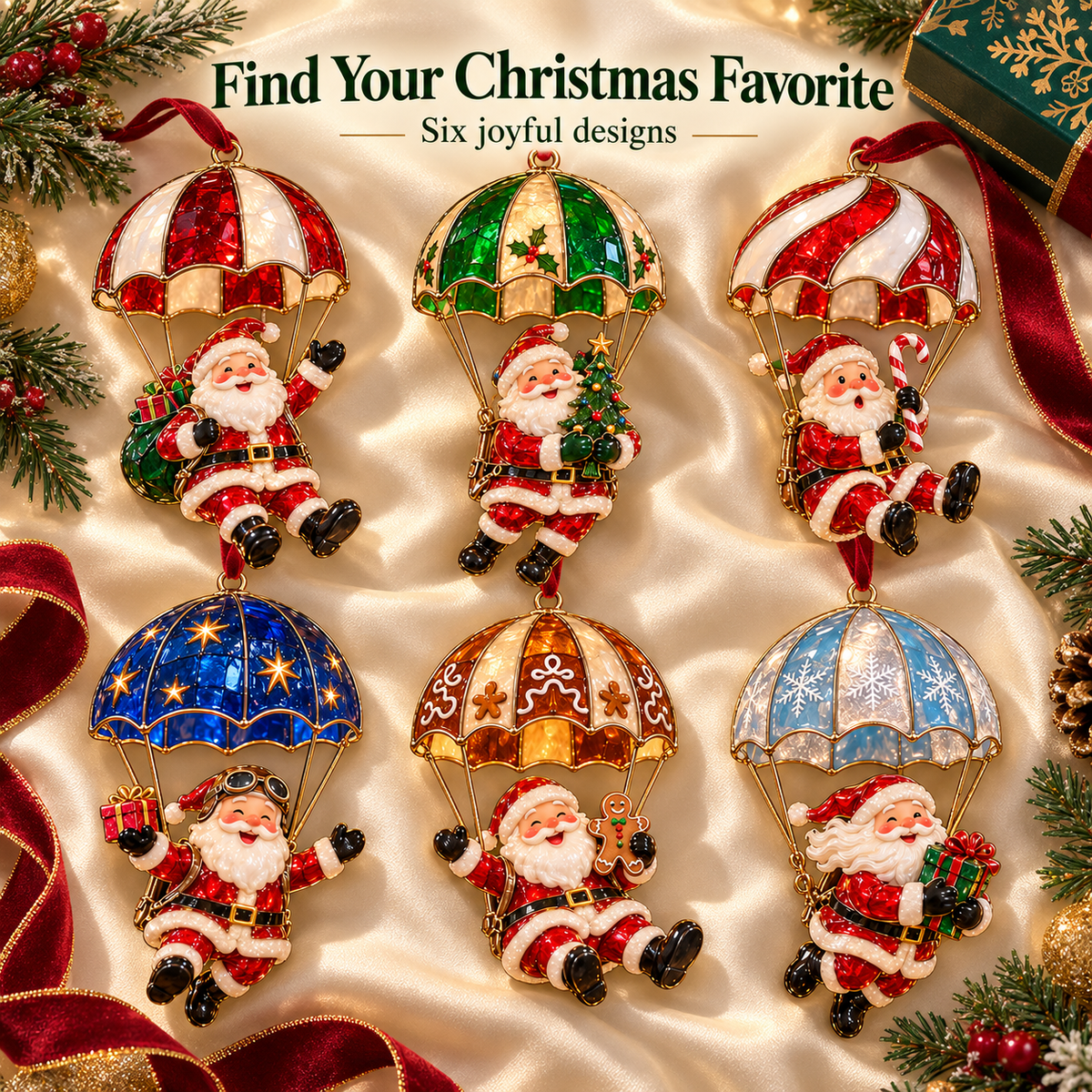 Parachuting Santa Christmas Ornaments – 6 Whimsical Holiday Designs