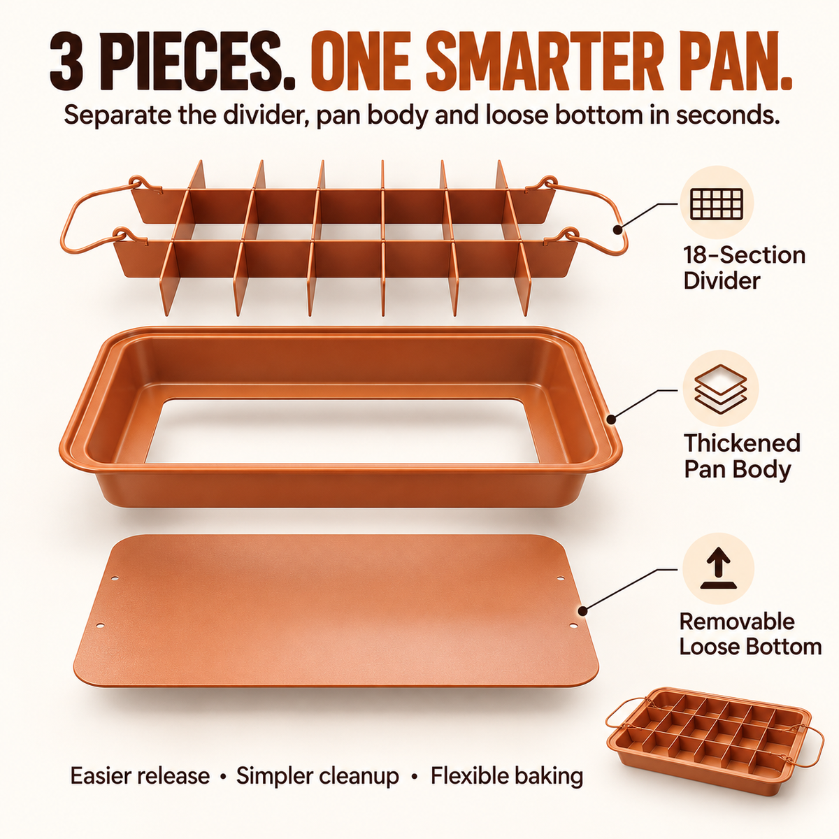 🍫 18-Section Removable Divider Brownie Pan – Thickened Carbon Steel Nonstick Baking Tray with Loose Bottom