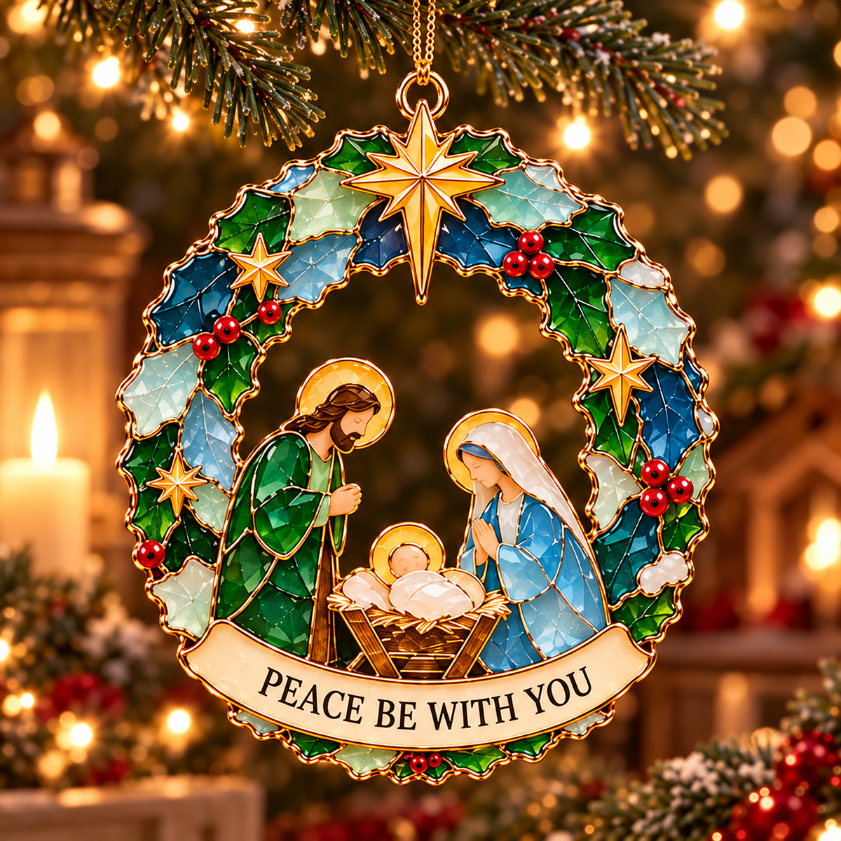 Christmas Wishes Wreath Ornaments – 6 Festive Designs in Stained Glass Style