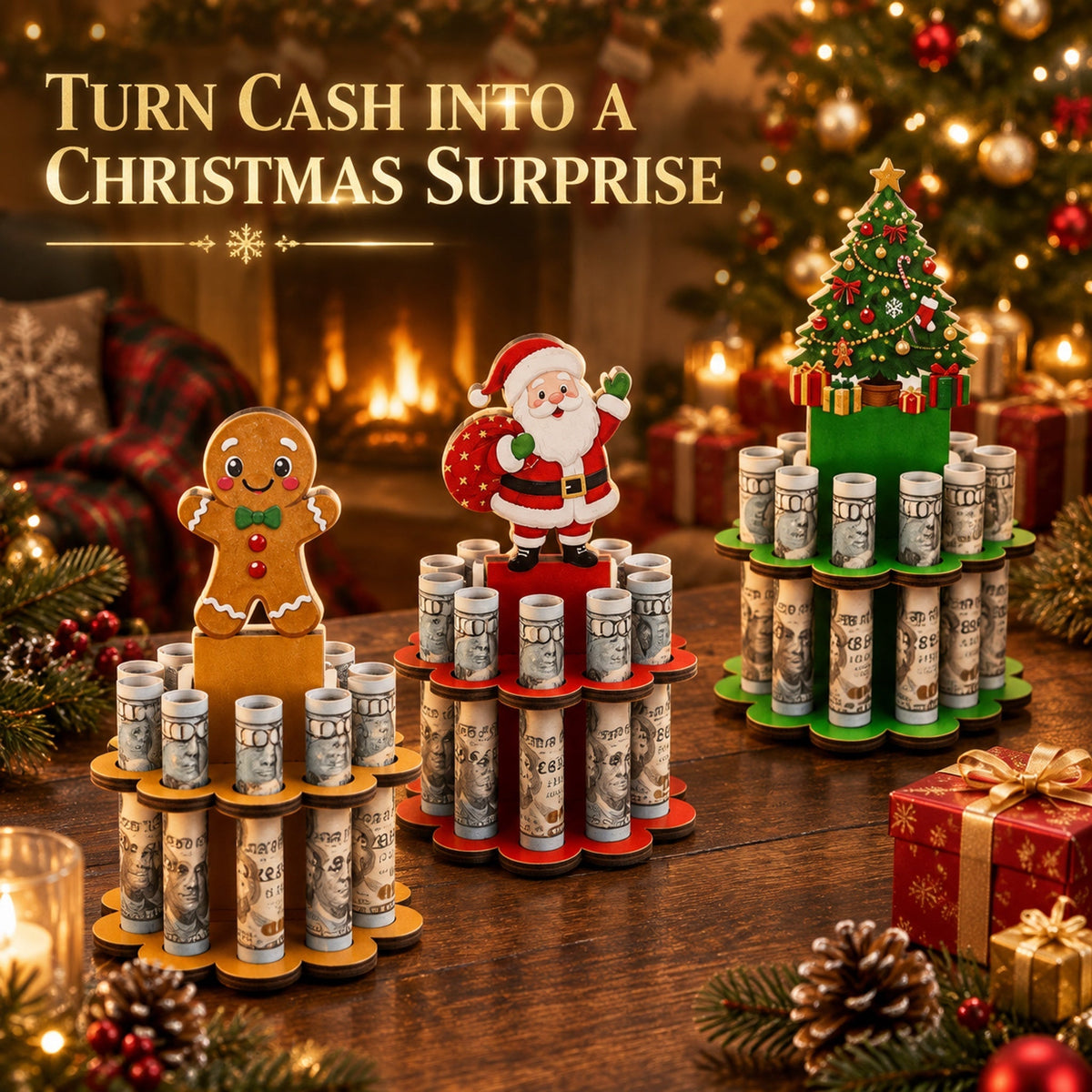 Christmas tabletop wooden money holder filled with rolled bills