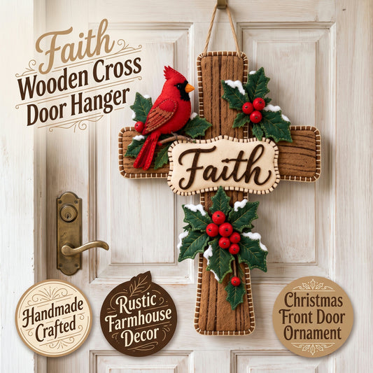 Cardinal Bird Faith Cross Christmas Door Hanger ✝️ Winter Holly Religious Front Door Decor - image 1