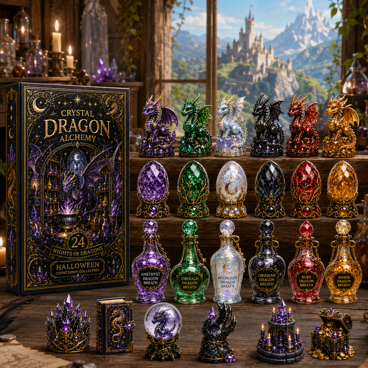 Crystal Dragon Alchemy Halloween Countdown Collection – 24 Nights of Dragons, Crystal Eggs & Magical Potion Miniatures for Fantasy Collectors