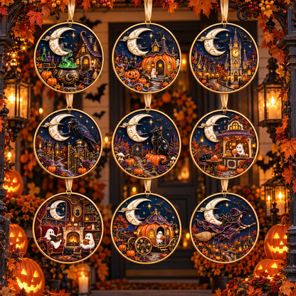 2026 Moonlit Halloween Village Hanging Ornaments – 9 Enchanting Designs with Witches, Ghosts & Pumpkin Magic