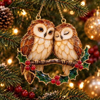 Woodland Christmas Owls – Vintage Stained Glass Style Christmas Ornaments, Set of 6