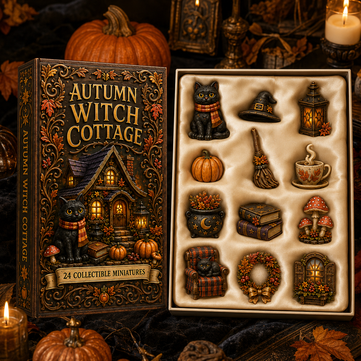 Autumn Witch Cottage Advent Calendar 2026 – 24 Cozy Witchy Miniatures, Black Cat Collectibles & Magical Fall Cottage Surprises, Acrylic Charms Blind Box