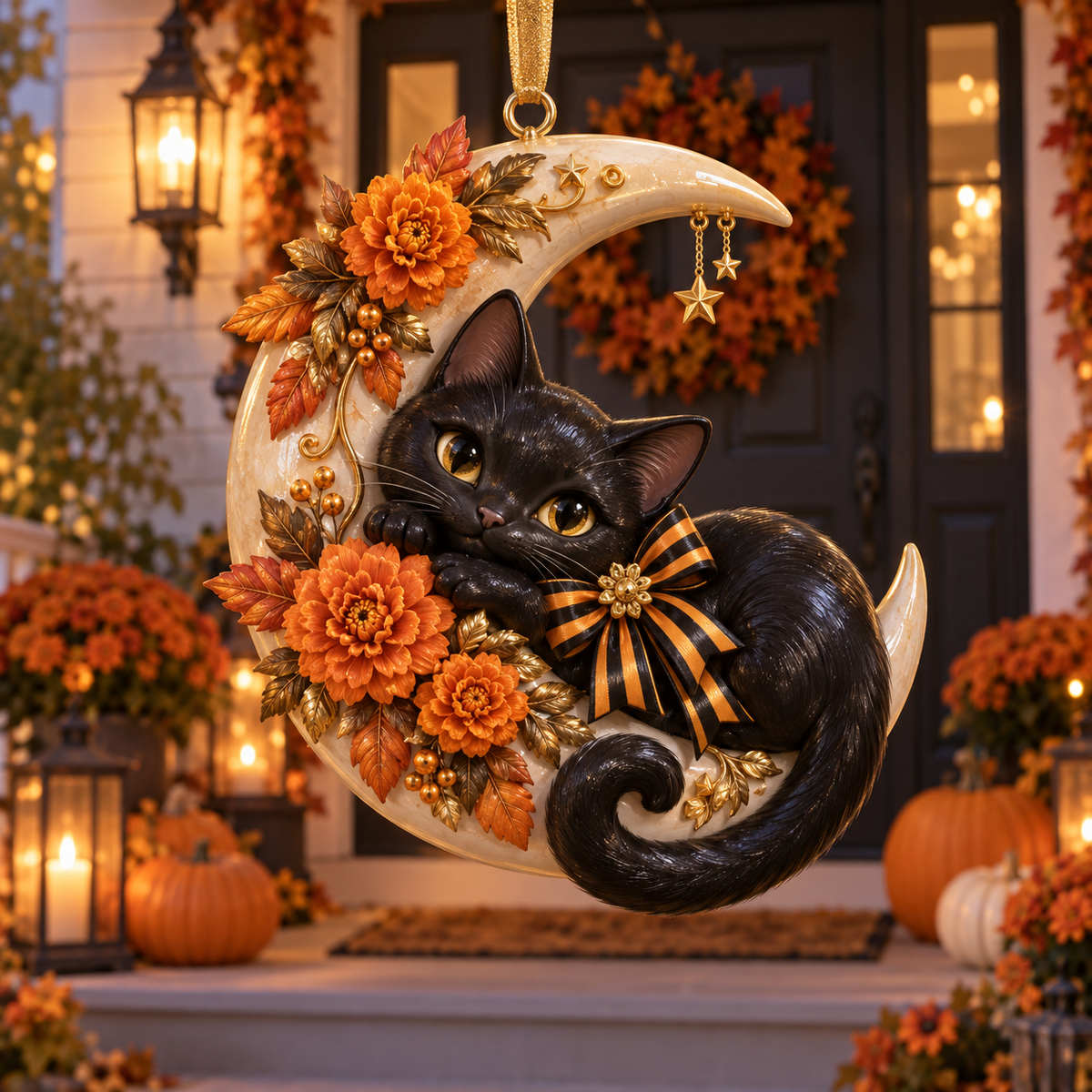 Black Cat Crescent Moon Halloween Ornament -  Spooky-Cute Hanging Keepsake Collection, Festive Halloween Gift for Cat Lovers & Family